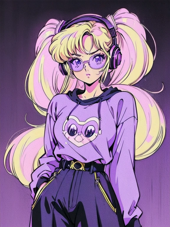 (Blonde Barbie:1.2),(vintage 90's:1.1),(romance anime style:1.3), white glasses, headphones, dark cyberpunk, dark color scheme with a black and purple background, waist up, baggy sweatshirt with pants, simple background