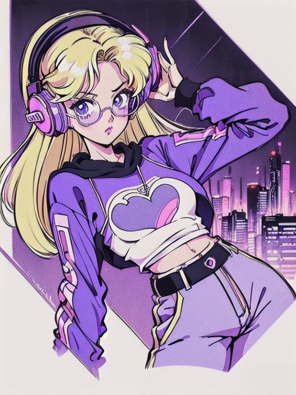 (Blonde Barbie:1.2),(vintage 90's:1.1),(romance anime style:1.3), white glasses, headphones, dark cyberpunk, dark color scheme with a black and purple background, waist up, baggy sweatshirt with pants, simple background