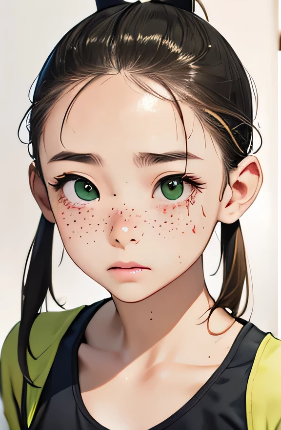 highest quality、realistic、Japanese、girl、zoom、look up、cute、green eyes、Pigtails、freckles、chestnut hair、all back、The forehead is out、playground、Gym suit、sprinting、Sweat、bust shot、slender、small breasts