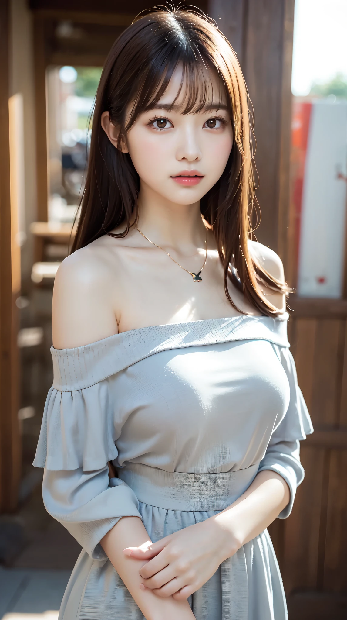body、Full body Esbian、Bending down to pick up something that was dropped on the floor、Very small waist、(very big breasts:1.3)、ponytail、plump thighs、natural skin、Extra-fine face、 extra thin hands, Very thin fingers, Best ratio、surreal, ((cute dress、Exposing too much skin、off shoulder、The length is short and the thighs are visible))、cheeks turn red、body covered in 、Cross Necklace、((18-year-old female:1.ung adorable japanese face, official art,Highly detailed CG Unity 8K wallpaper,(masterpiece:1.0),(highest quality:1.0), 超A high resolution,4k,Super detailed, photo shoot, 8K, nffsw, High resolution, kodak portrait 400, film grain, lens flare glow,高いest quality,8K,nffsw:1.2),portrait shot,8K、View viewer