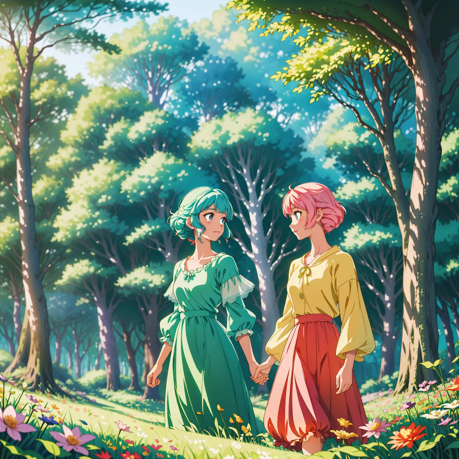High 8K resolution, capturing details clearly. Studio Ghibli style scene, with a fusion of anime artistic style, whimsy and impressionism. | A dazzlingly beautiful princess walking in a lush forest, her flowing hair has pastel tones. Her face shows a mixture of curiosity and admiration. She wears an elegant, flowing dress, adorned with intricate floral patterns. | The setting is a lush and vibrant fantasy world forest, in the foreground there are colorful flowers, in the midground there are fruits on tall trees, leaves illuminated by the sun creating a soft and ethereal glow. | The scene is composed in a medium shot, highlighting the beauty of the princess, her dress and the magical environment of the forest. The angle is subtly angled to add a touch of charm. | The soft natural light filtered through the trees adds an ethereal quality to the scene, enhancing the beauty of the princess and creating a magical atmosphere. | A princess walking in a fantastic forest.