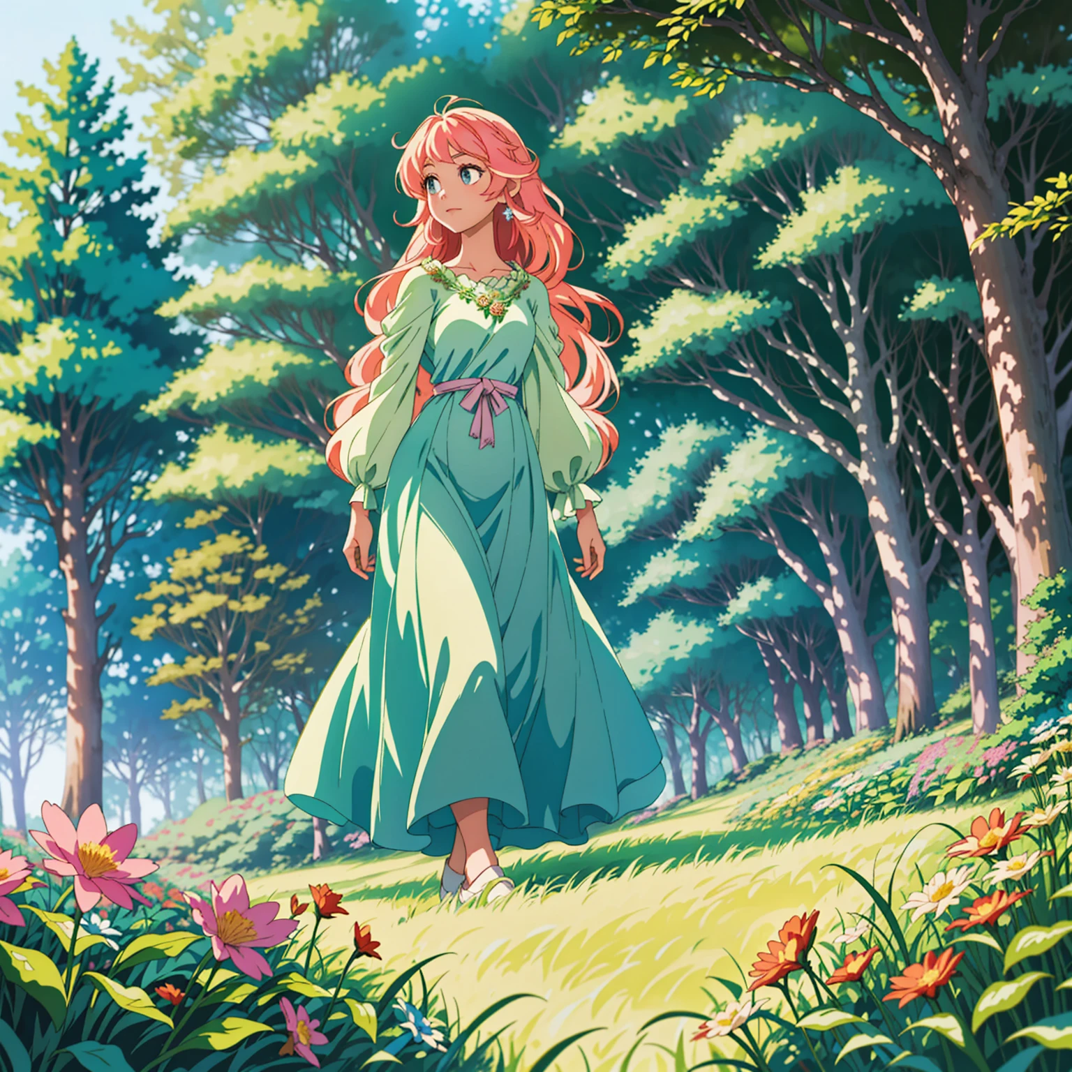 High 8K resolution, capturing details clearly.  Studio Ghibli style scene, with a fusion of anime artistic style, whimsy and impressionism.  |  A dazzlingly beautiful princess walking in a lush forest, her flowing hair has pastel tones.  Her face shows a mixture of curiosity and admiration.  She wears an elegant, flowing dress, adorned with intricate floral patterns.  |  The setting is a lush and vibrant fantasy world forest, in the foreground there are colorful flowers, in the midground there are fruits on tall trees, leaves illuminated by the sun creating a soft and ethereal glow.  |  The scene is composed in a medium shot, highlighting the beauty of the princess, her dress and the magical environment of the forest.  The angle is subtly angled to add a touch of charm.  |  The soft natural light filtered through the trees adds an ethereal quality to the scene, enhancing the beauty of the princess and creating a magical atmosphere.  |  A princess walking in a fantastic forest.