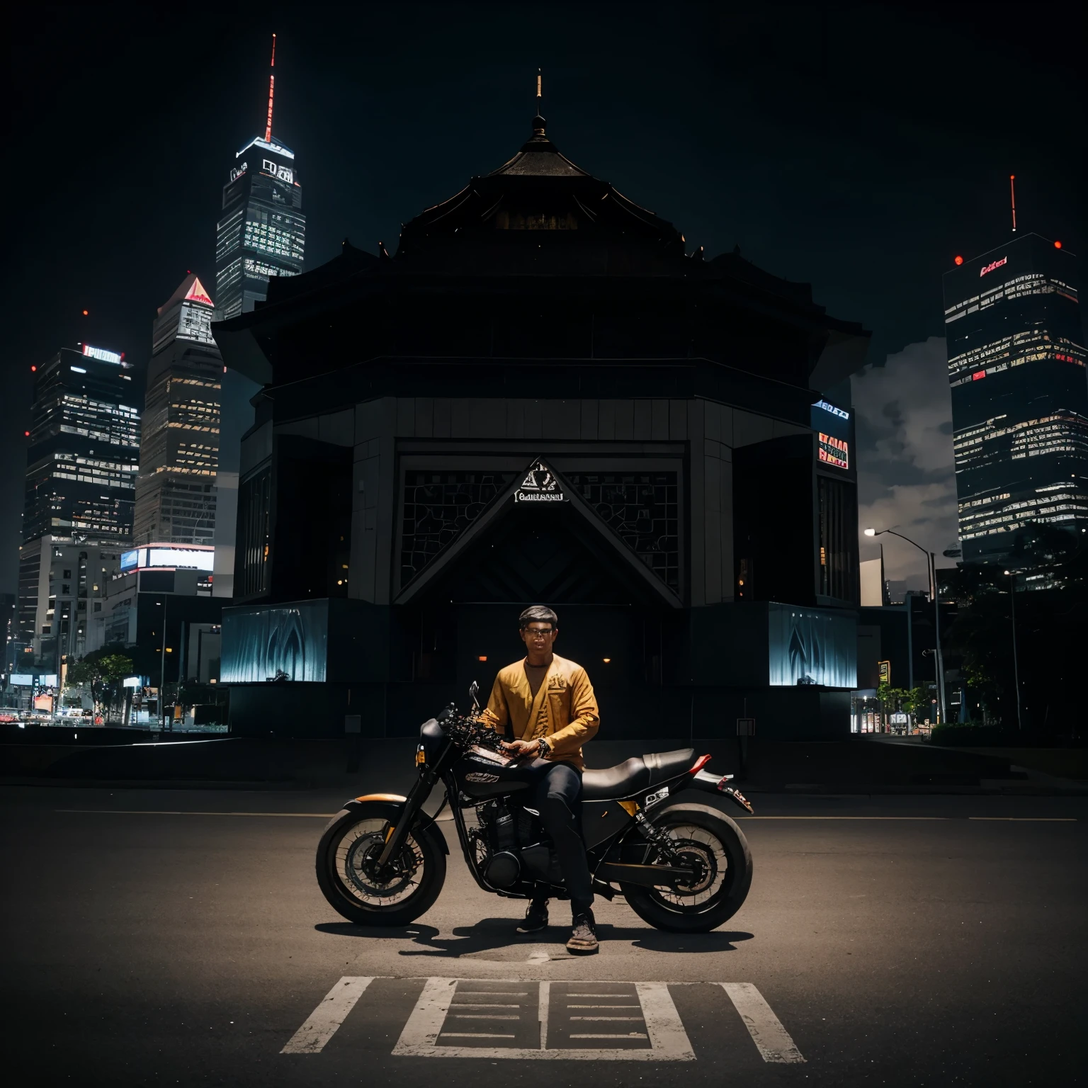 embossed logo in the shape of an octagon, 4d, realistic, colored, in the logo there is a young Indonesian man with his classic motorbike, behind him is a highway and skyscrapers, underneath there is the name in big font "IQBAL HALIK", black background