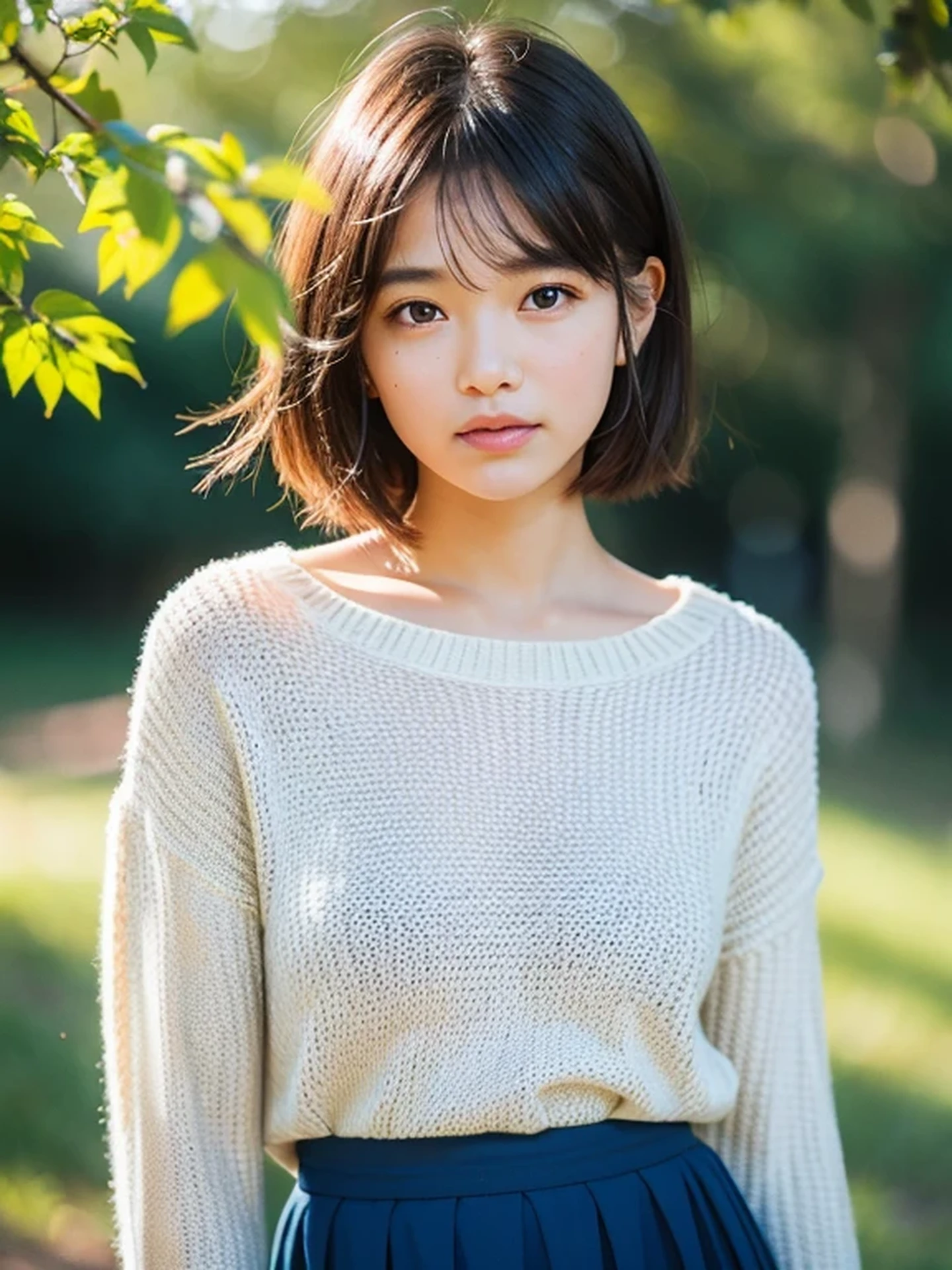masterpiece, Best Quality, Raw photo, 8K, ultra-detailed face, 1girl, Beautiful detailed skin, backlight, soft light, bashful, (shoot from front:1.2), sad, open your mouth to say something, Luminescent, Anatomically correct, short hair, hair blown by the wind, Eyes and faces with detailed, Textured skin, Professional Photography, Bokeh, Portrait, Professional Lighting, Solo, Cute, Girly, Film grain, sweater, skirt, outside, forest shining in the morning sun,