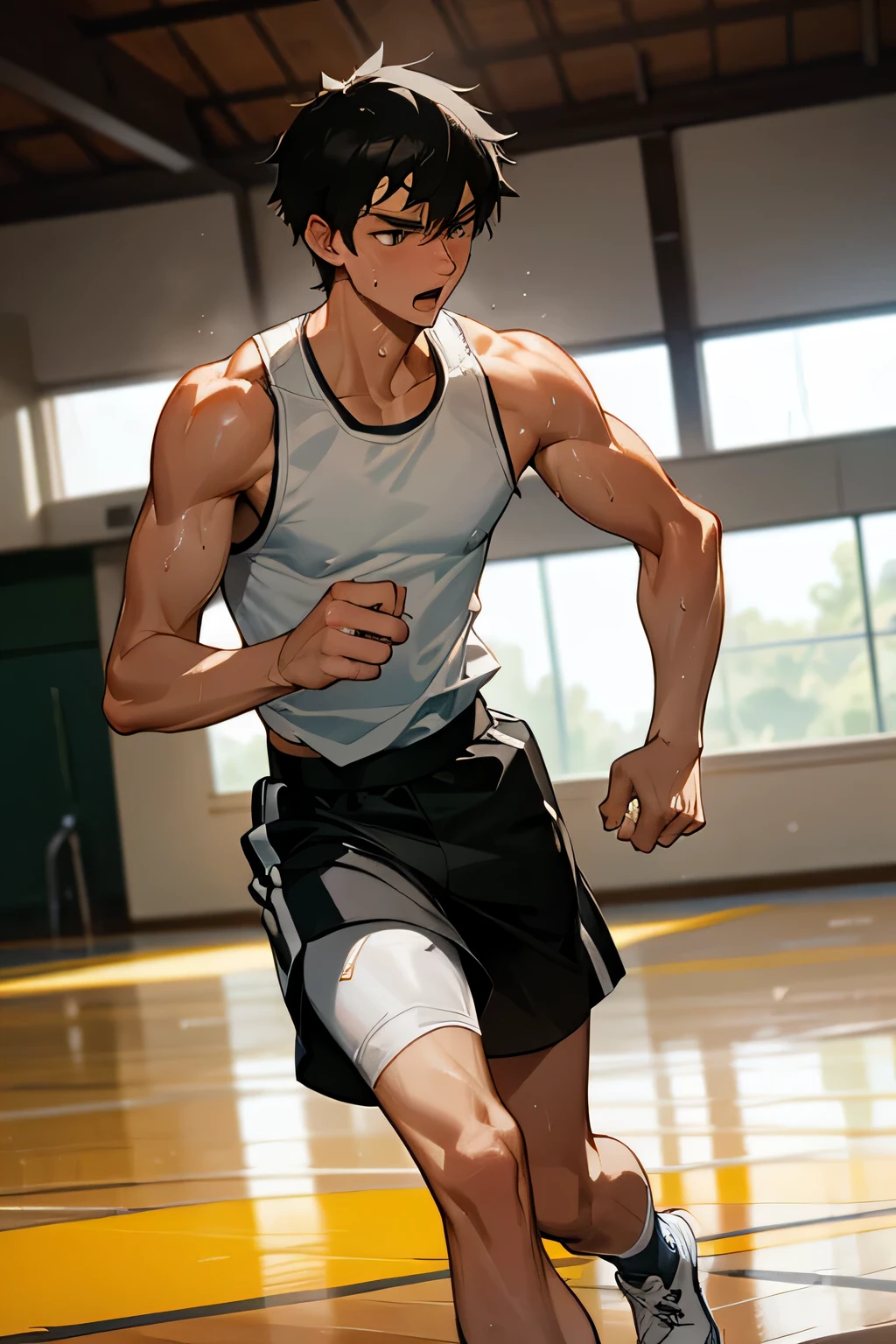 shirtless handsome manly short black hair caucasian male in white shorts, running shoes, sweat-drenched, soaking wet, drenched with sweat, sweating profusely, soaking wet with sweat, running in the park