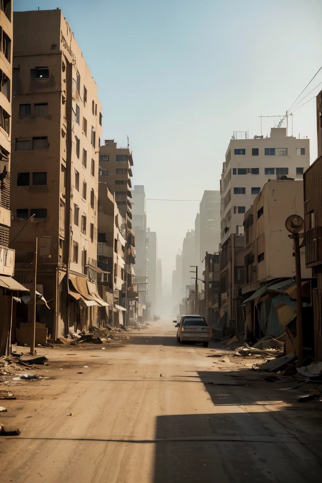 A street in the city of Alafud with many buildings and a street lamp, post apocalyptic city streets, Post apocalyptic streets, post-apocalyptic zone, post apocalyptic city, Post-apocalyptic wasteland, A post-apocalyptic New York, post apocalyptic city, Post-apocalyptic wasteland, Post-apocalyptic scenario, post apocalyptic atmosphere, Post-apocalyptic view, Scenic dystopian setting, Destroyed city in the background