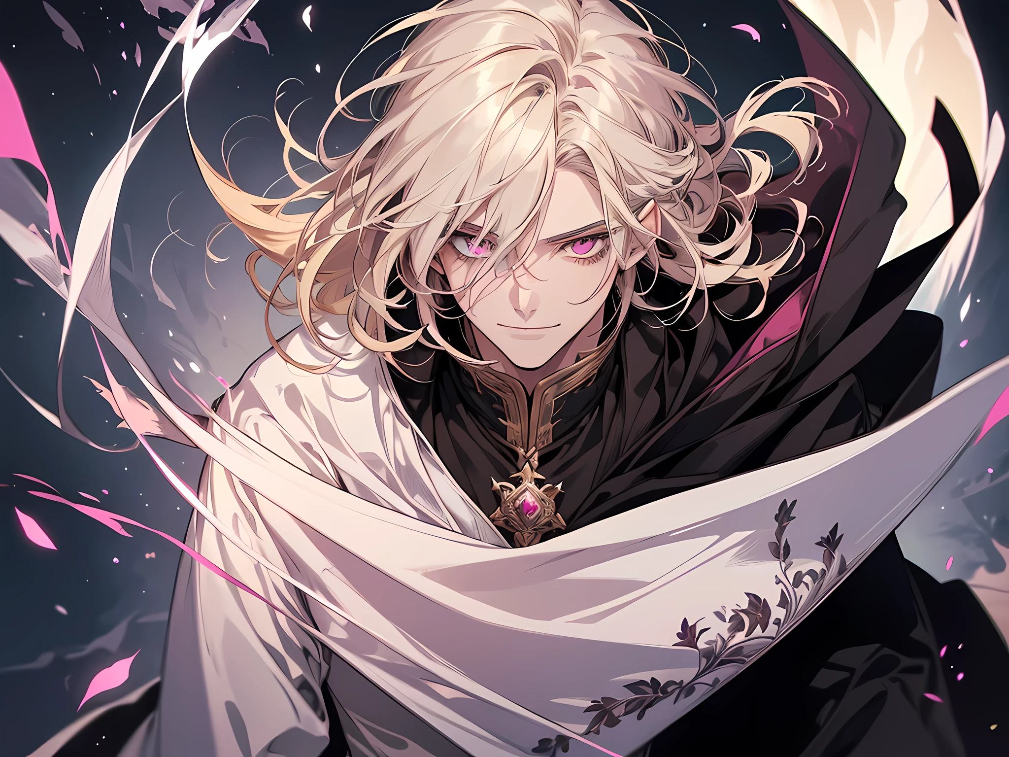 (high-quality, breathtaking),(expressive eyes, perfect face) 1male, male, solo, age 40's, medium length hair, multi colored hair, light blonde almost white hair color, unkept hair, pink eyes, fantasy mage clothing, portrait, upper body, magic, charming smile, black cloak, white shirt, pink flower on clothing
