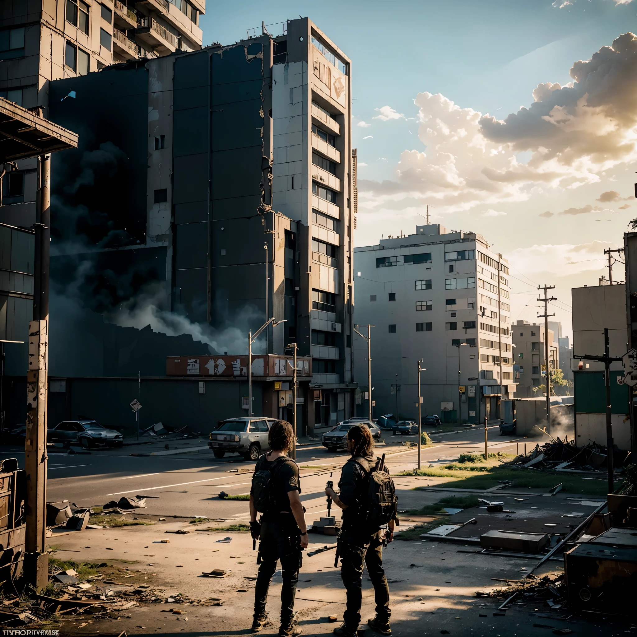 GROUND LEVEL VIEW, HYPER REALIST, A GANG OF TROUBLEMAKERS LIKE THE PURGE MOVIE, STANDS ON TOP OF A BUILDING LOOKING OVER A POST-APOCALYPSE RUINED AS DESTROYED TOKYO CITY, THE VEGETATION HAS ALREADY TAKEN OVER THE ENTIRE CITY AND THE CITY LOOKS TOTALLY ABANDONED, HOSTILE ENVIRONMENT, IMPACTFUL VISUAL DESTRUCTION, STYLE THE LAST OF US, outdoor PHOTO, CINEMATIC LIGHTING, PHOTOREALISTIC DETAILS, DYNAMIC SHADOWS ,ATMOSPHERIC EFFECTS, LIFELIKE TEXTURES, HIGH-DEFINITION, IMMERSIVE ENVIRONMENT, SUBTLE COLOR GRADING, AUTHENTIC ATMOSPHERE, DETAILED TEXTURES, GOLDEN HOUR, FANTASY, HBO, UNREAL ENGINE 5, ray tracing, award winning photo, MASTERPIECE photograpy, trending on artstation, HDR, UHD, 8K, BY NAUGHTY DOG.