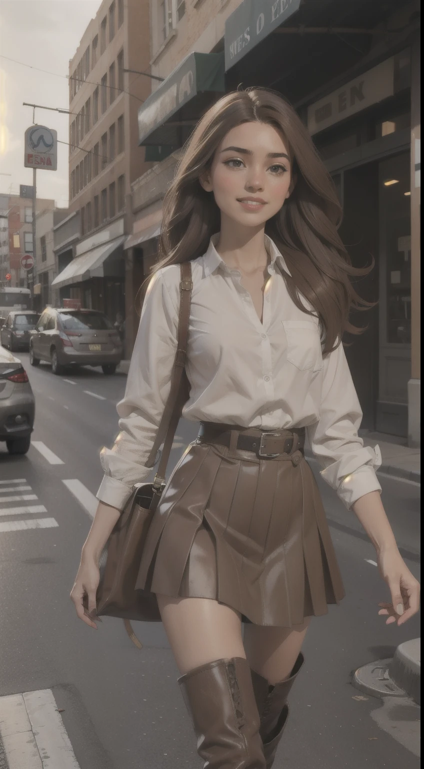 1girl, long_hair, boots, brown_hair, motor_vehicle, skirt, car, ground_vehicle, brown_eyes, knee_boots, smile, outdoors, corset, open_mouth, looking_at_viewer, street, destroyed city, road, long leather coat, walking, shirt, solo_focus, pleated_skirt, building, long_sleeves, belt, blush, pouch, holding, sign, bag, white_shirt