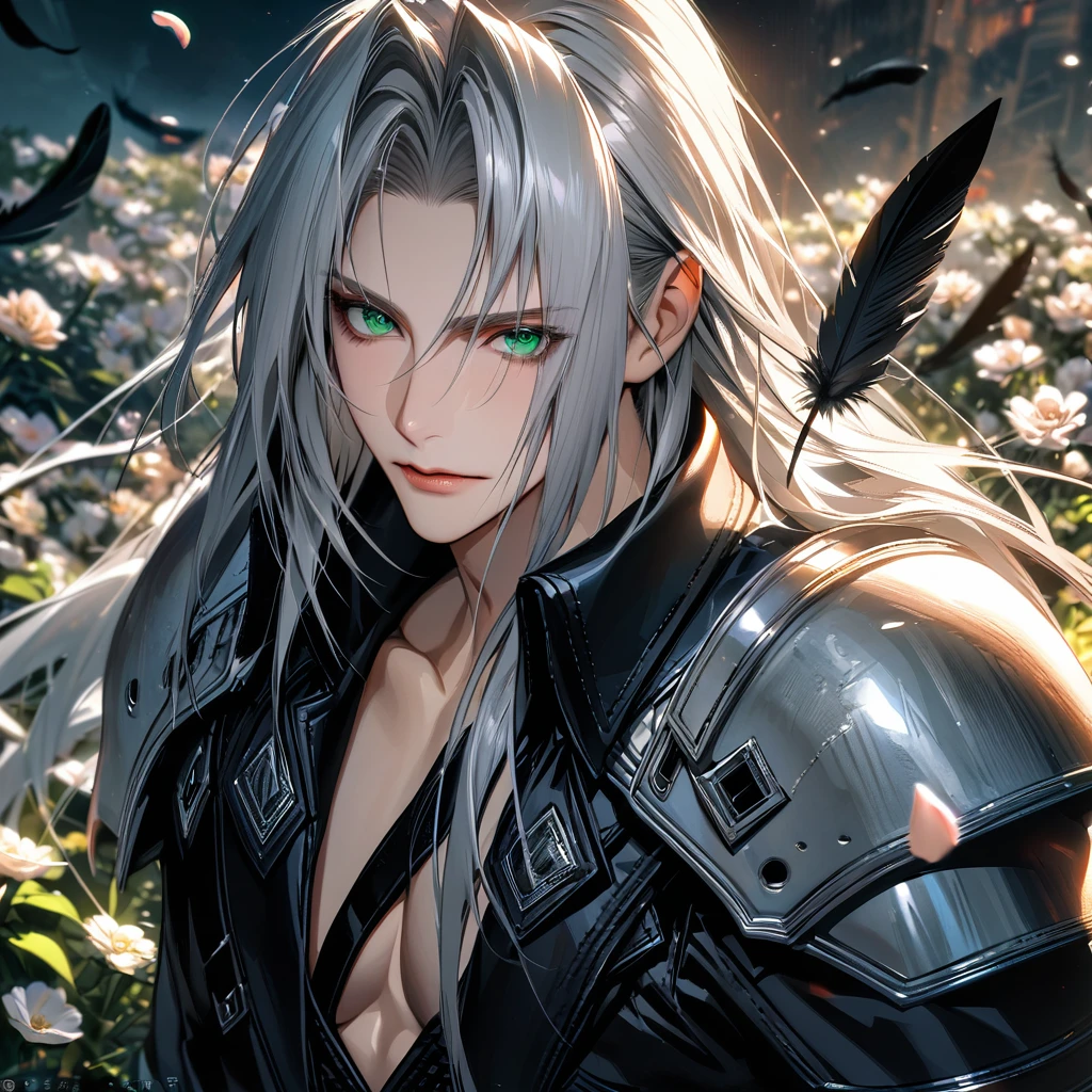 Ultra detailed, Highres, absurdres, HDR, Sephiroth, green eyes, silver hair, Final Fantasy VII Remake, handsome, 1 man only, very detailed face and eyes, flowers and petals, black feathers,