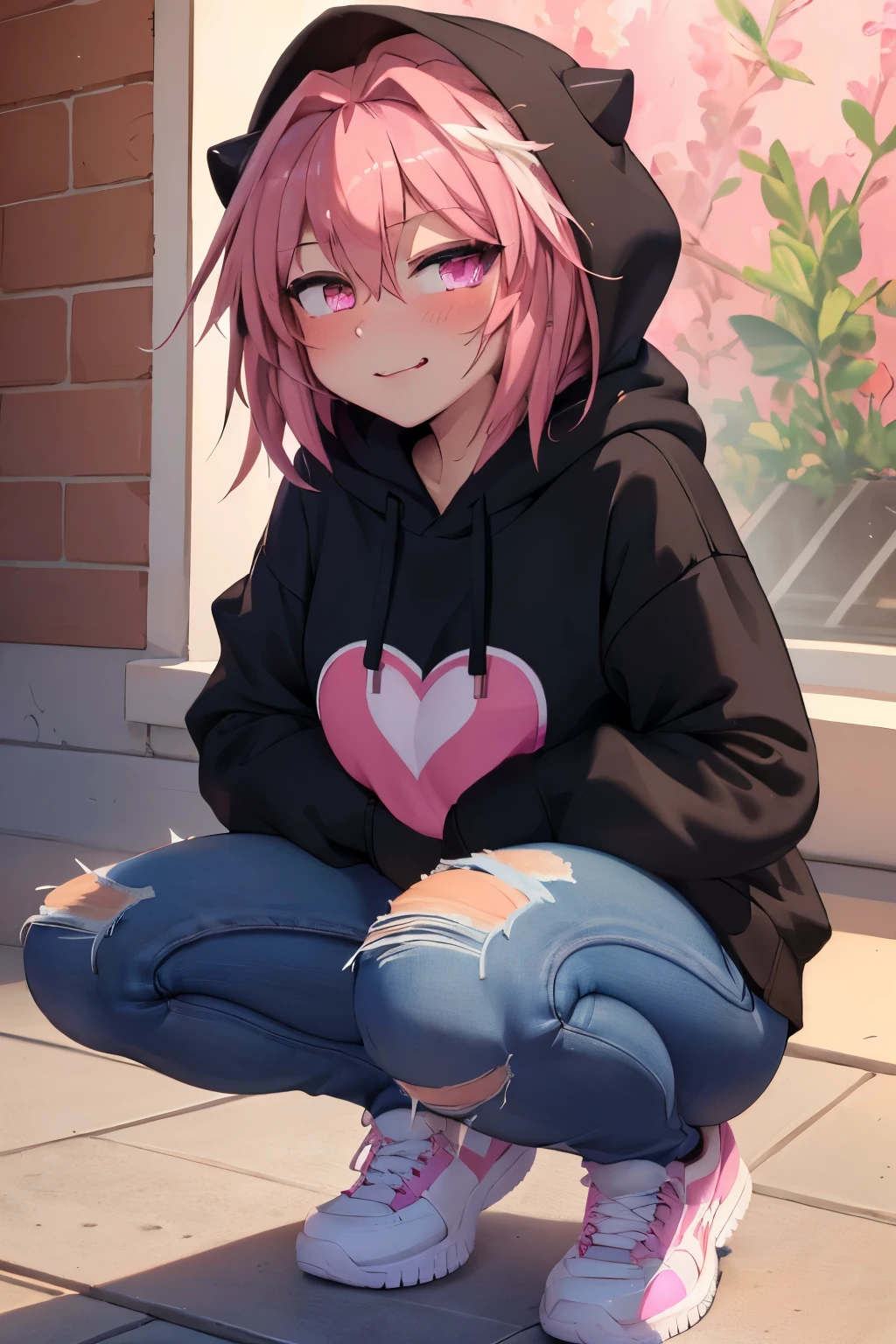 Astolfo (masterpiece, best quality, absurdres, detailed, ultra-detailed:1.3),, blushing, smug face,flat chested.pink hair,, puffy lips,pink room black hoodie,heart shape pupils,wide hips,distressed jeans,squatting, ,af1,hands in hoodie pocket