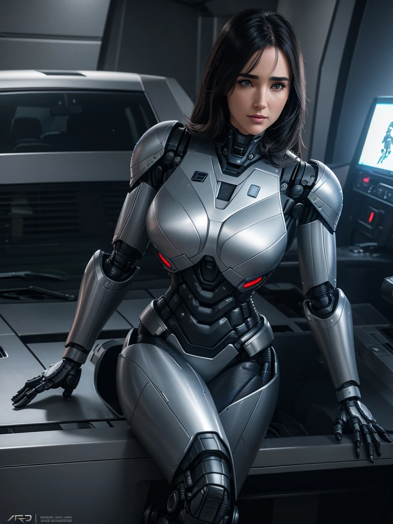 JENNIFER CONNELLY, solo, 1girl, medium length hair, Bangs, black hair, realistic skin, incredible light, ultra realistic, complicated, Sharp focus, Ray Tracing, rtx, Professional color grading, Professional photography, Masterpiece, very detailed, High quality, best quality, 4k, 8k, raw , regeneration of the skin, She breast size is M cup, full body, she very sexy, she have perfect body, she so beautifully, She have good eyes, She is full of charm. She is on duty. (((Female Robocop))), (Full Body Picture), On Patrol in Detroit City
