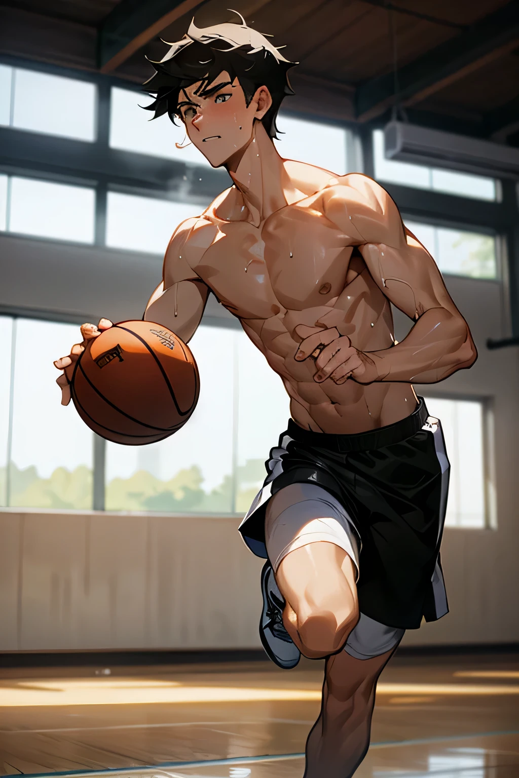 shirtless, super muscular, sweat-drenched body, dripping with sweat, 22-year old short black hair handsome caucasian male wearing sweat-drenched white basketball shorts and rubber shoes, running, playing basketball in the indoor setting
