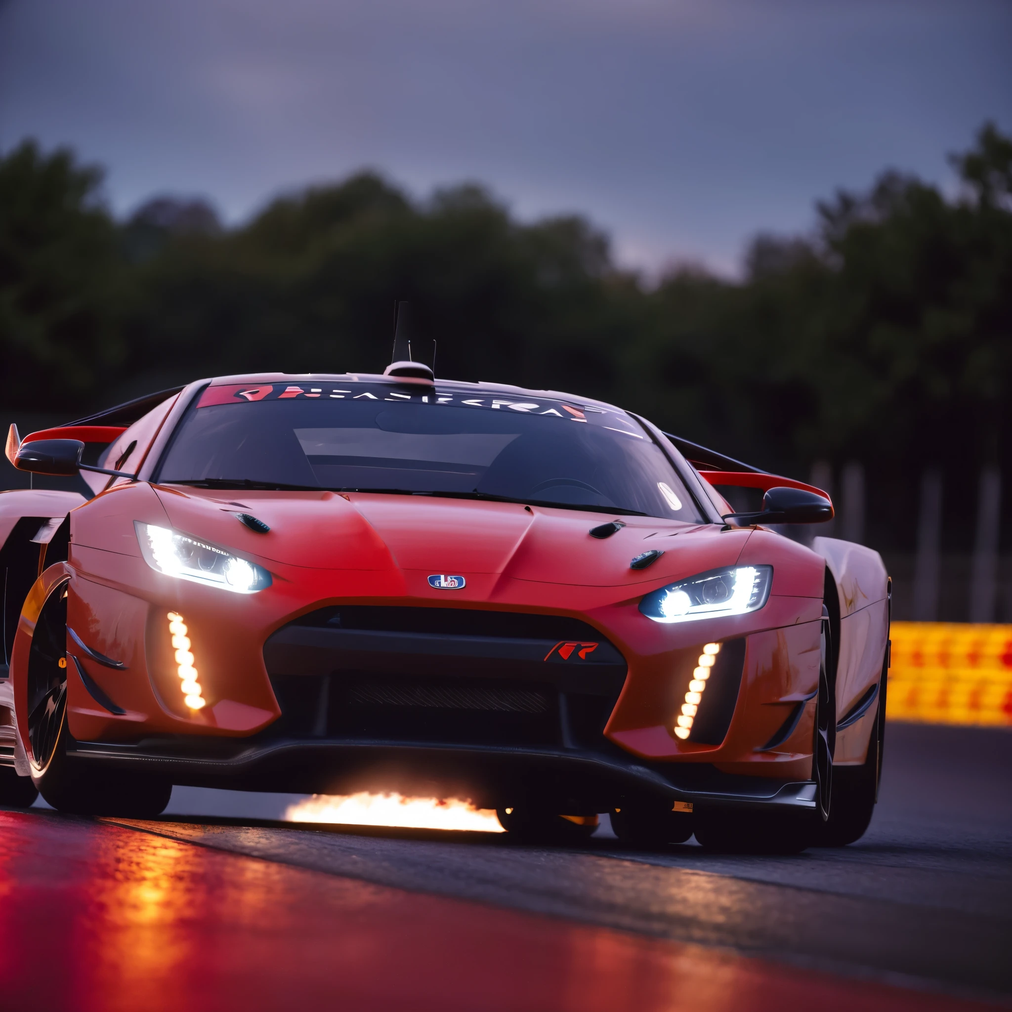 (best quality,8k,highres, masterpiece:1.2), ultra-detailed, HDR, UHD, studio lighting, ultra-fine painting, sharp focus, physically-based rendering, extreme detail description, vivid colors, professional, bokeh, portraits, concept artists, warm color palette, dramatic lighting,1 racing car,speedy, vivid coloring racing car,anime style,distant view,Driving at breakneck speed on the circuit, sunlight reflecting off the windshield, front view.