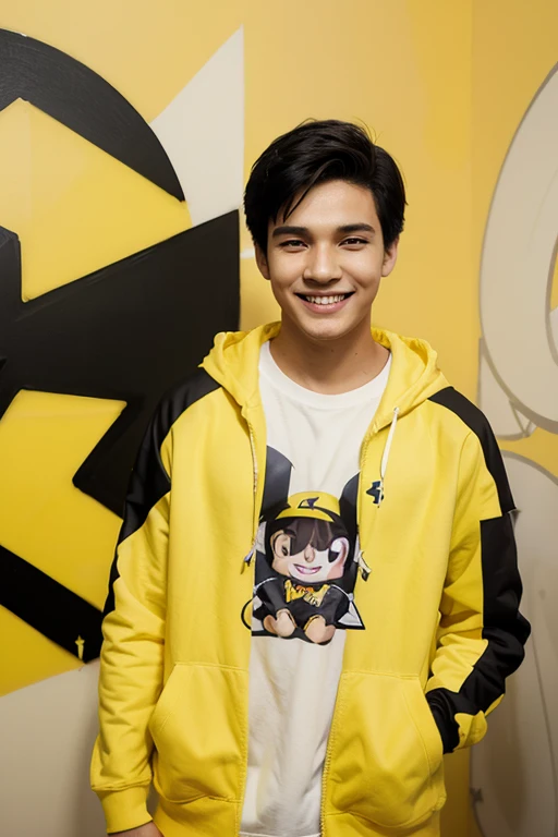 manly Cute cartoon style of a boy with a smile on the front, wearing a yellow hoodie with the name "Filipe" light BLACK hair, BLACK eyes with pikachu beside her, fashion, text 3D rendering, typography, illustration, painting, photo, poster, anime, fashion, cinematic, product, graffiti