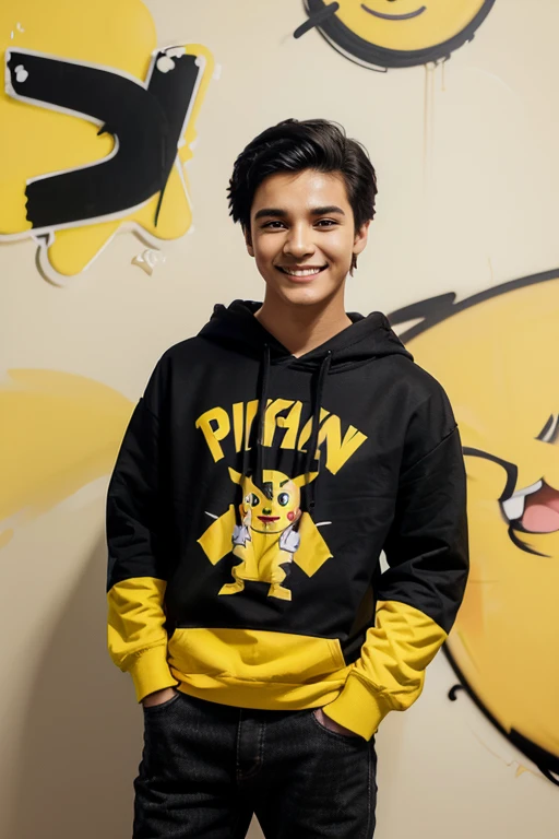 manly Cute cartoon style of a boy with a smile on the front, wearing a yellow hoodie with the name "Filipe" light BLACK hair, BLACK eyes with pikachu beside her, fashion, text 3D rendering, typography, illustration, painting, photo, poster, anime, fashion, cinematic, product, graffiti