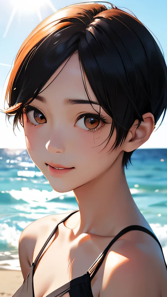 highest quality、realistic、Japanese、girl、young、zoom、look up、cute、orange eyes、short hair、black hair、all back、Forehead is coming out、Ocean、swimsuit、joy、Grinning、face close up、small breasts、slender