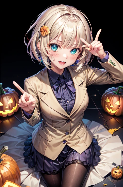 woman,14 years old,,city,night,(((Beige blazer school uniform))),open mouth smile, ((There are two stray hairs coming out of my head.)), ((美味しいクッキーのhair ornaments)), ((baby girl body shape)), 1 girl, Artoria Pendragon,destiny,aphrodisiac,Lie,Things to know,full of sweat,Wet Area, Areol, defenseless,embarrassing,please be shy,Knead the milk,Emphasis on milk,Len,breast milk, Knight King,Noble,ring,既婚woman, Pointing straight up, (highest quality:1.1), (masterpiece:1.4), (absurd:1.0), Portrait, Close-up, 1 girl、Momoberia Deviluke、hair ornaments、Beautiful bob cut、beautiful short hair、emerald blue eyeedium chest、looking at the viewer、(blush:1.2)、embarrassed look、Mesh pantyhose、black background、((Pumpkin lantern)), Striped pattern, ((Has a troubled look)), ((There are Western-style sweets everywhere.)), ((V sign)),