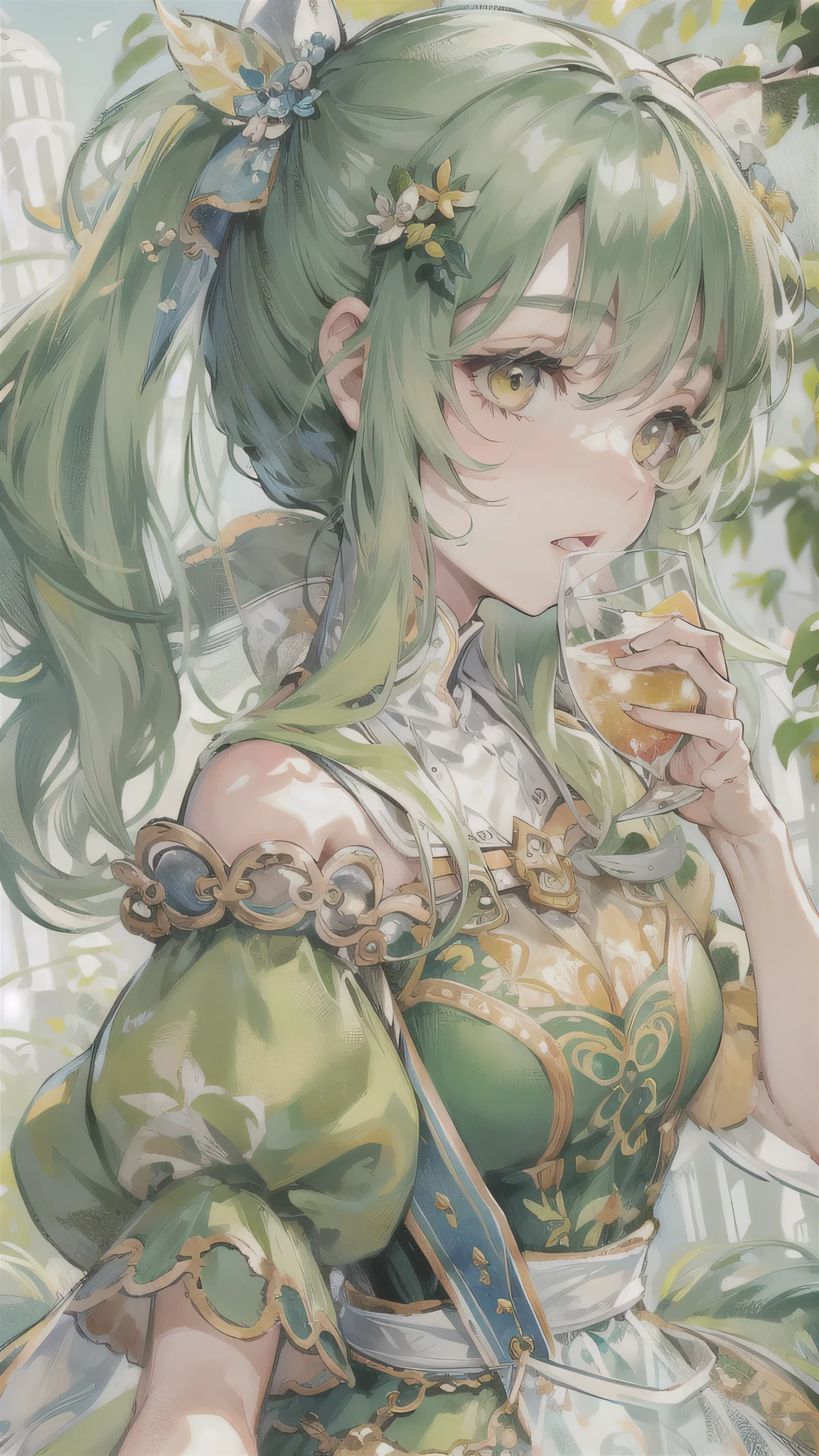 (perfect anatomy, masterpiece:1.4, best quality, 16k, beautiful detailed grow), profile (rest style) (Drink a glass of water, hand holding glass), break, (solo ponytail green hair long hair cute girl, (()), cute yellow eyes, sweaty, soft smile), (in a Summer maid costume), break, in the summer enchanted garden field.