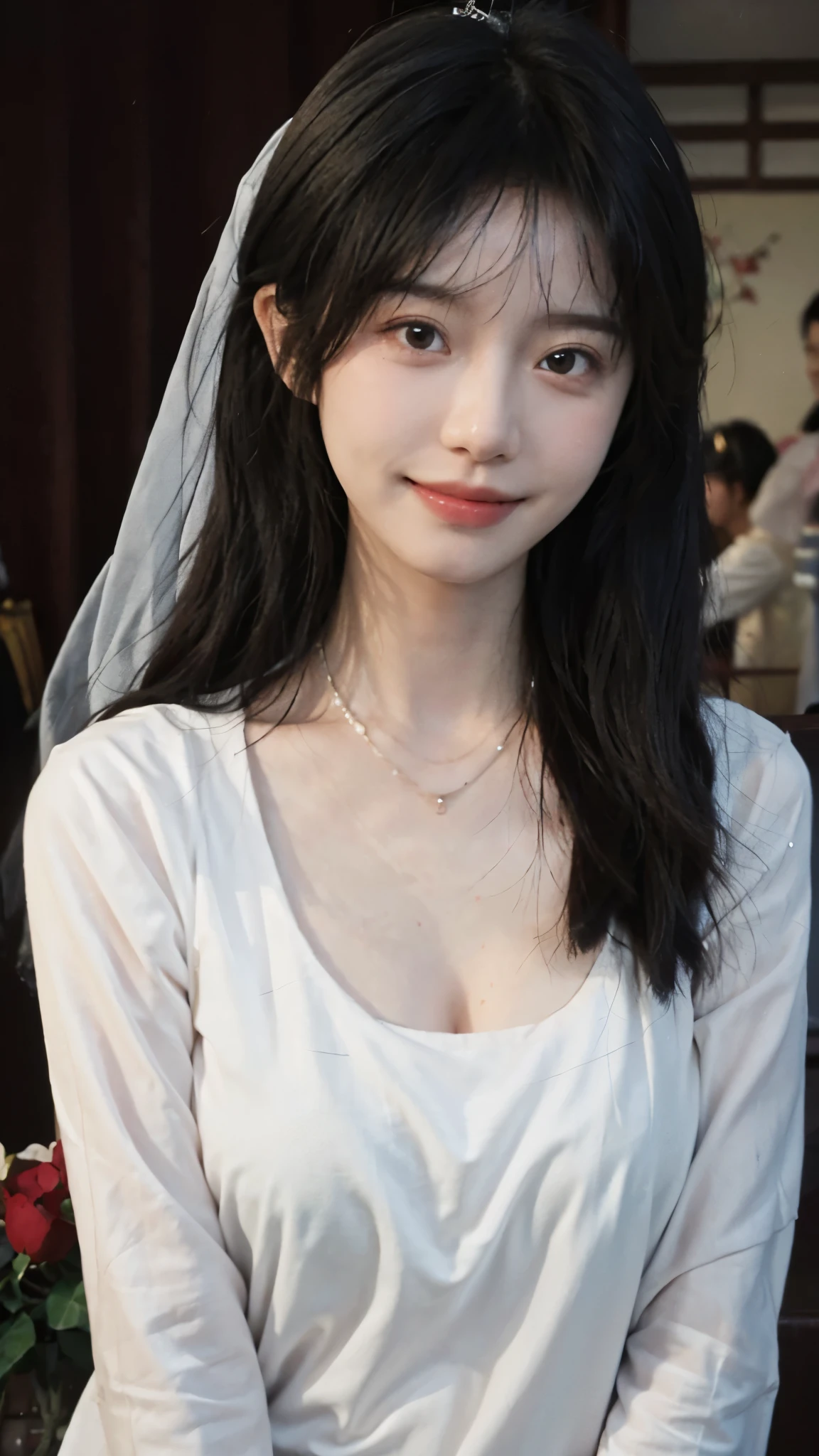 best quality, ultra high resolution, (realistically:1.4),cute hairpin,Baoyu Girl,Standing in the wedding hall,(flat chest:1.2) ,A pair of clear and charming peach blossom eyes,Royal sister,The sun shines on the face,Big wavy hairstyle,(necklace:1.2),(White skin:1.4),a sense of atmosphere,a beautiful girl, Smile,Looking directly at the viewer, Close-up cleavage ,(lifelike:1.4),1 girl,Sexy,(Upper body:1.4),(wet),(:1.2)