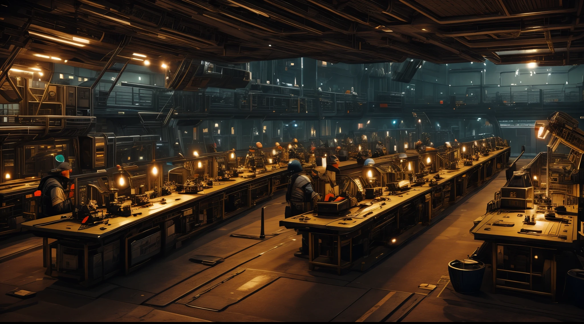 space pirate prisoners working on an assembly line, masterpiece, best, photo realistic