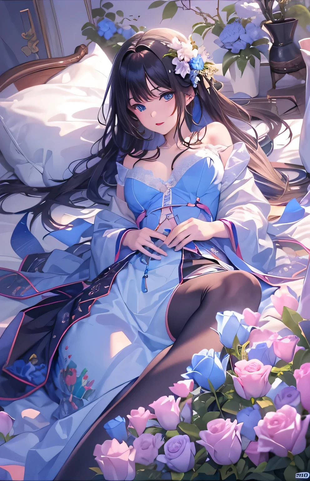 ((highest quality)), ((masterpiece)), (get used to it), perfect face , beautiful girl , beautiful long black hair , beautiful light blue eyes , In underwear , Light blue roses scattered , lie on the bed ,
