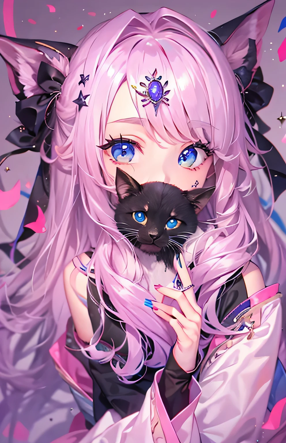 Anime girl with pink hair and blue eyes holding a black cat - SeaArt AI