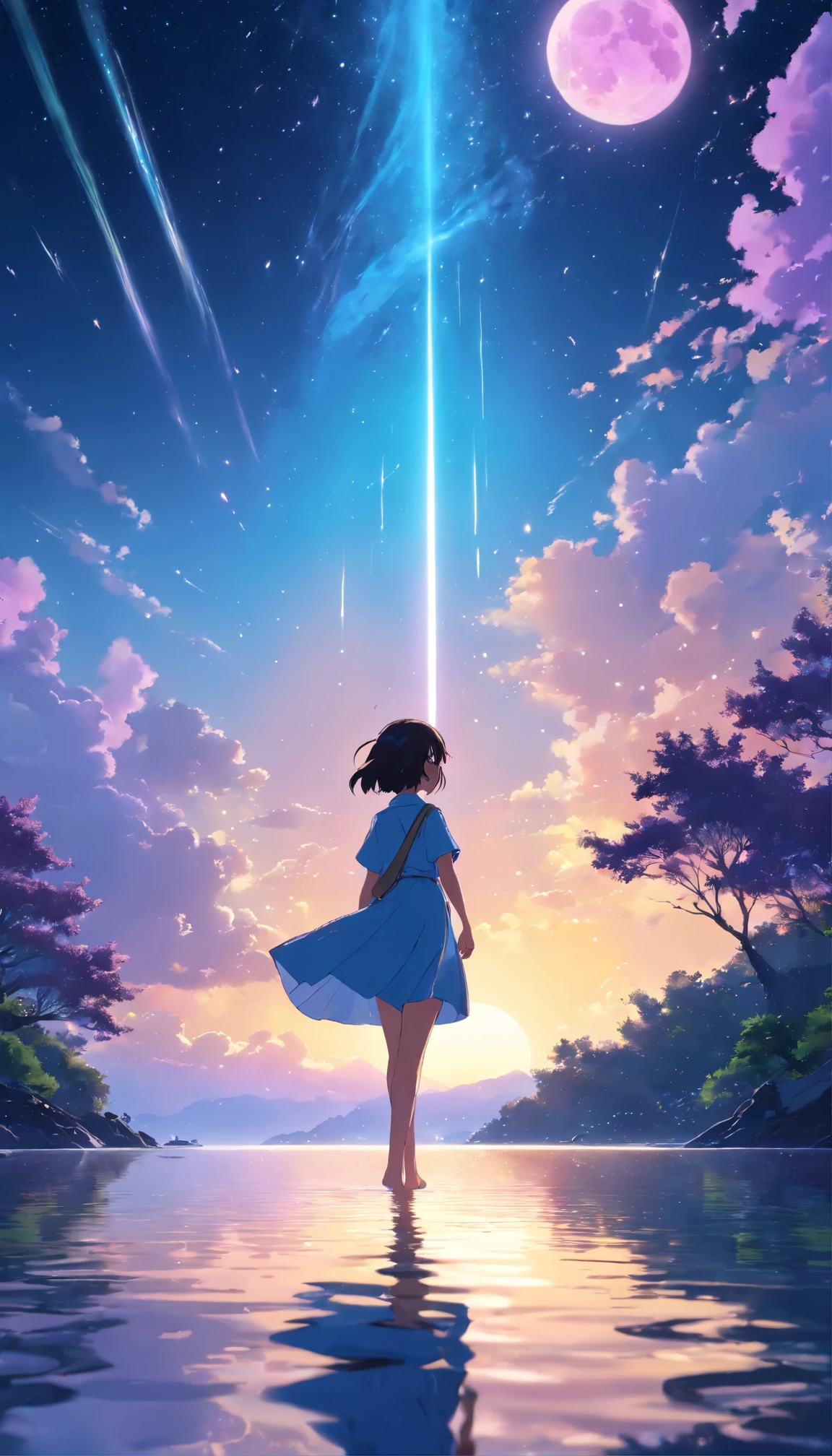 Makoto Shinkai, Expansive landscape photograph , (View from below，Displays the sky above and the clearing below), a girl standing on water looking up, (back view silhouette:1.4) (full moon:1.2), (meteors:0.9), (Starcloud:1.3), Tree BREAK Production Art, (night:1.4), (Firefly:1.2), lamp lights, Lots of purple and blue, Intricate details, Volumetric lighting BREAK (Masterpiece:1.2), (Best quality), 4K, Ultra-detailed, (Dynamic composition:1.4), Highly detailed, Colorful details,( Iridescent colors:1.2), (luminouslighting, Atmospheric lighting), Dreamy, magical, (Solo:1.2)