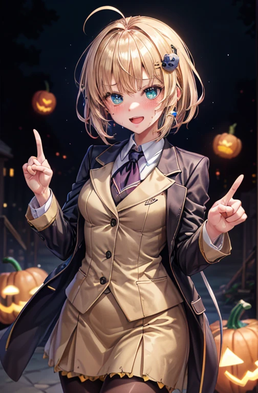 woman,************,,city,night,(((Beige blazer school uniform))),open mouth smile, ((There are two stray hairs coming out of my head.)), ((美味しいクッキーのhair ornaments)), ((baby girl body shape)), 1 girl, Artoria Pendragon,destiny,aphrodisiac,Lie,Things to know,full of sweat,Wet Area, Areol, defenseless,embarrassing,please be shy,Knead the milk,Emphasis on milk,Len,breast milk, Knight King,Noble,ring,既婚woman, Pointing straight up, (highest quality:1.1), (masterpiece:1.4), (absurd:1.0), Portrait, Close-up, 1 girl、Momoberia Deviluke、hair ornaments、Beautiful bob cut、beautiful short hair、emerald blue eyeedium chest、looking at the viewer、(blush:1.2)、embarrassed look、Mesh pantyhose、black background、((Pumpkin lantern)), Striped pattern, ((Has a troubled look)), ((There are Western-style sweets everywhere.)), ((V sign)), ((cute gesture))