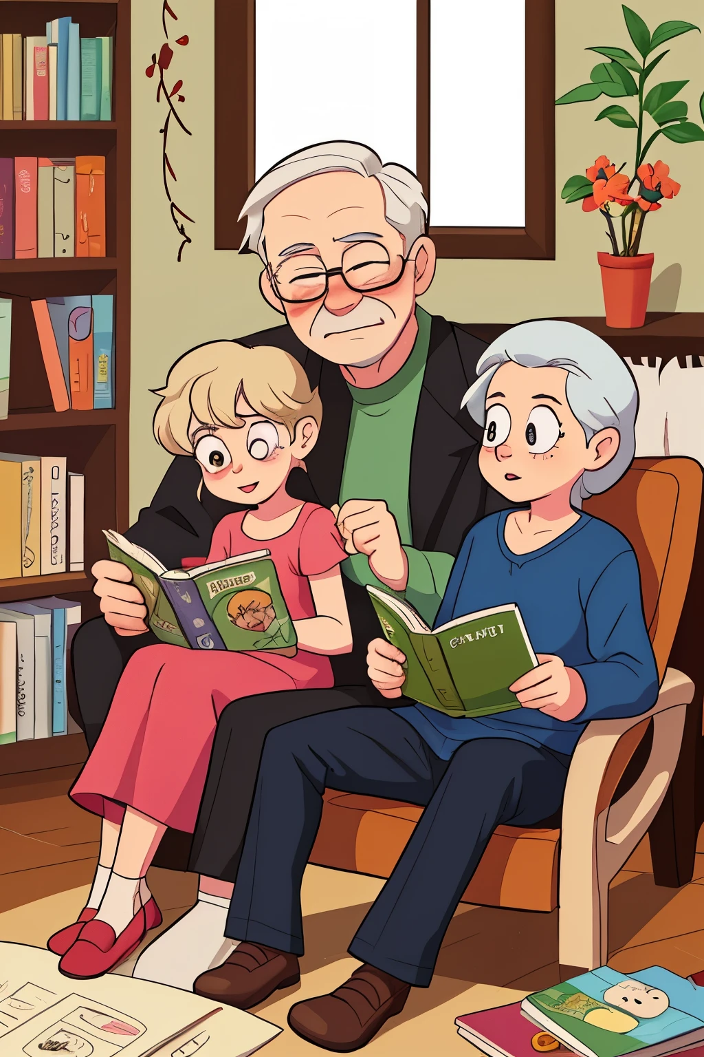 a couple of grandparents reading to their grandchildren who are of different genders as a cartoon drawing