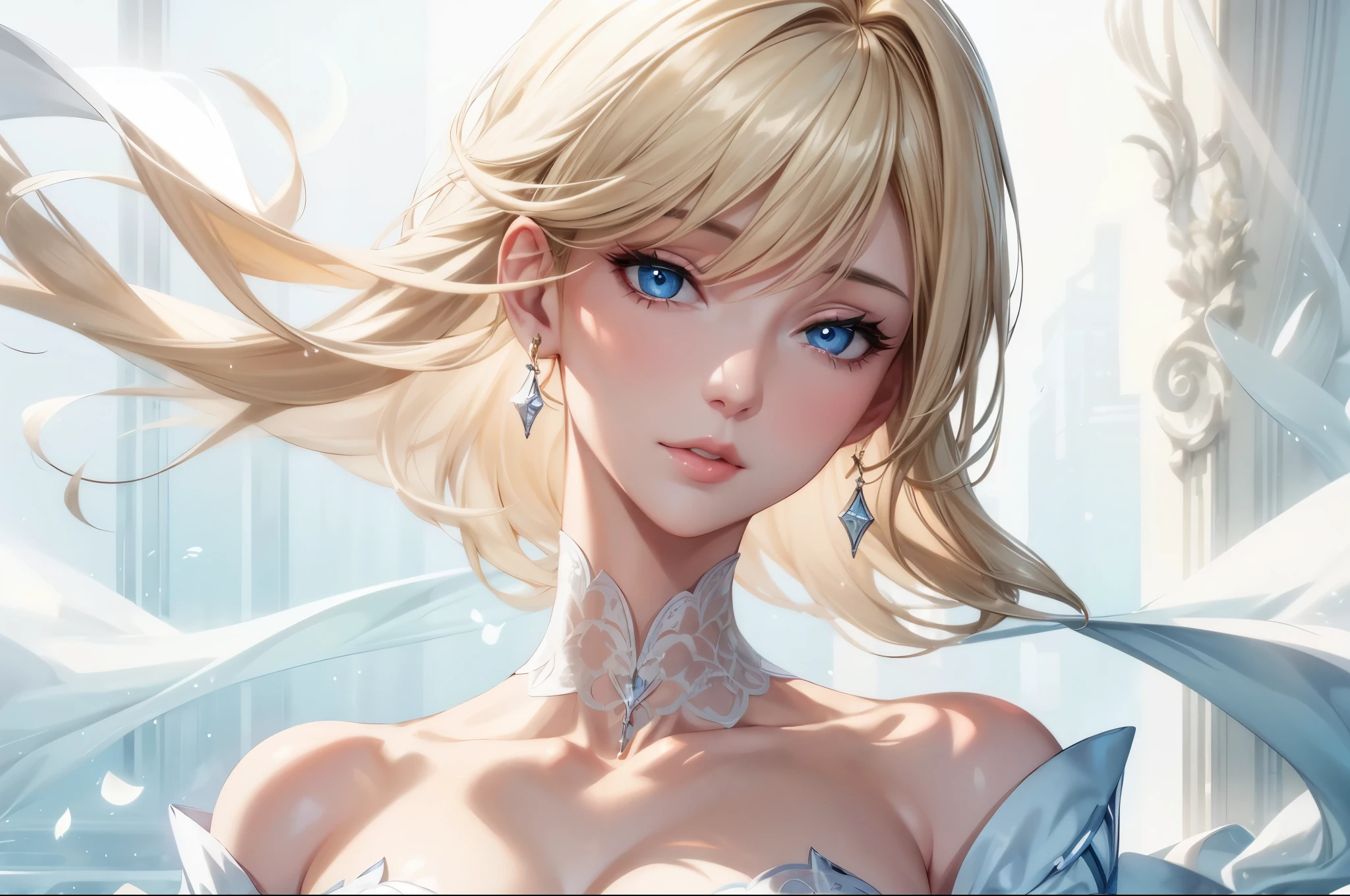 portrait, realistic, elegant woman, blue eyes, blonde hair, 8k resolution cg, beautiful cg, soft light