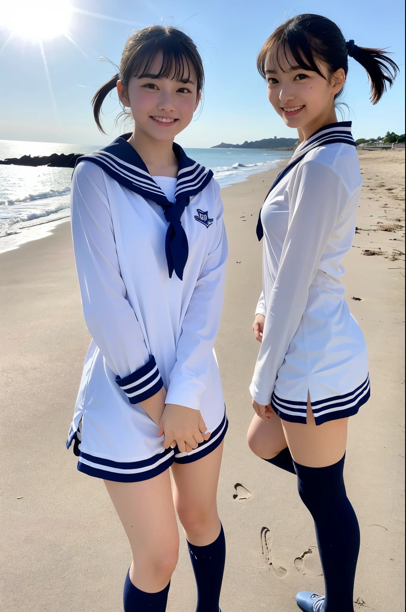 2 girls skipping on beach,long-sleeved white sailor shirt over navy blue school swimsuit,18-year-old,bangs,a little smile,thighs,knees,short hair and low ponytails with barrette,from below,front light