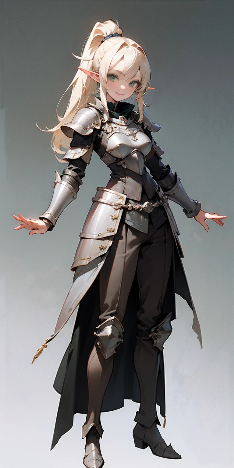 hands on sides, (masterpiece), ultra-detailed, 1girl, detailed eyes, medium breasts, gray background, (full body), green eyes, gray background, full plate armor, confident smile, staring at the viewer, blond hair in a ponytail, standing, elf, elf ears