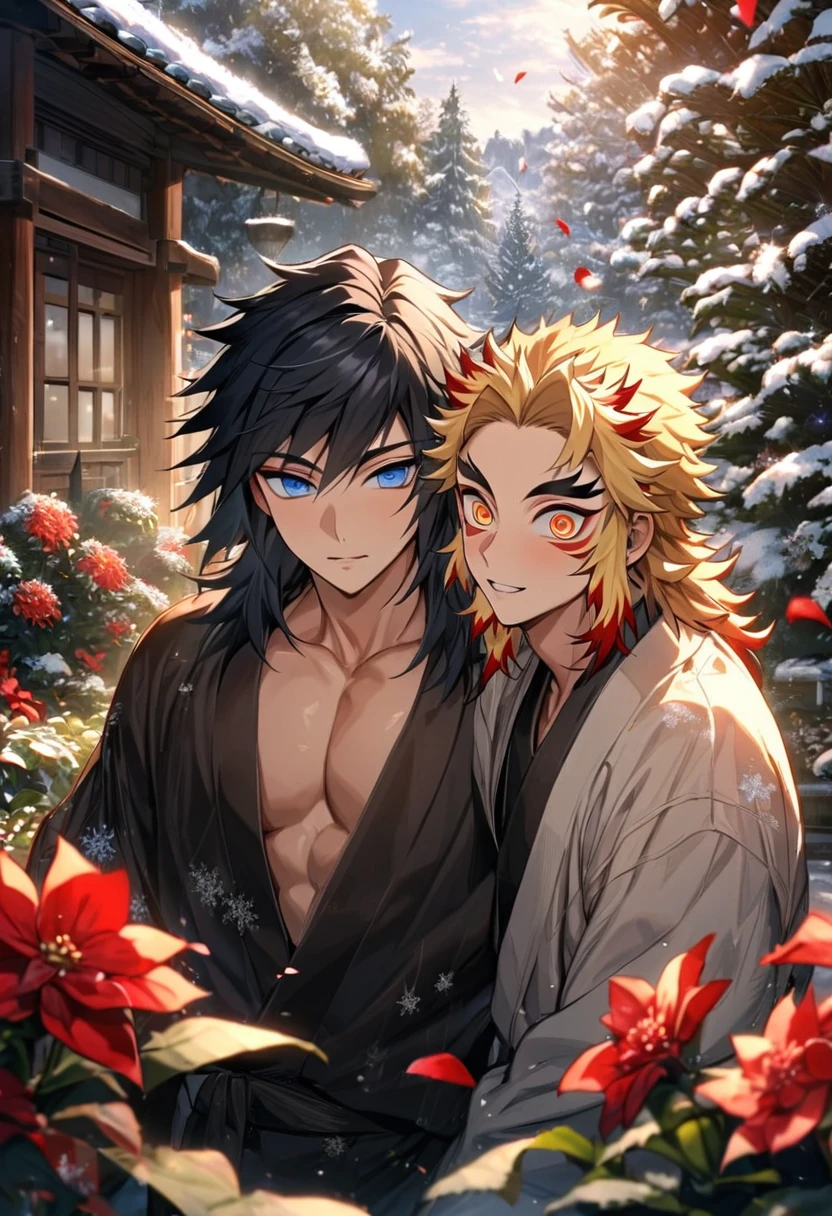 absurdres, highres, ultra detailed, HDR, master piece, best quality, Tomioka Giyu, untamed black hair, expressive blue eyes, hair between the eyes, Rengoku Kyojuro, blond medium hair with red streaks, expressive orange eyes, Kimetsu no yaiba, 2men together, gay couple, handsome, winter, garden, red flowers, petals, snowflakes