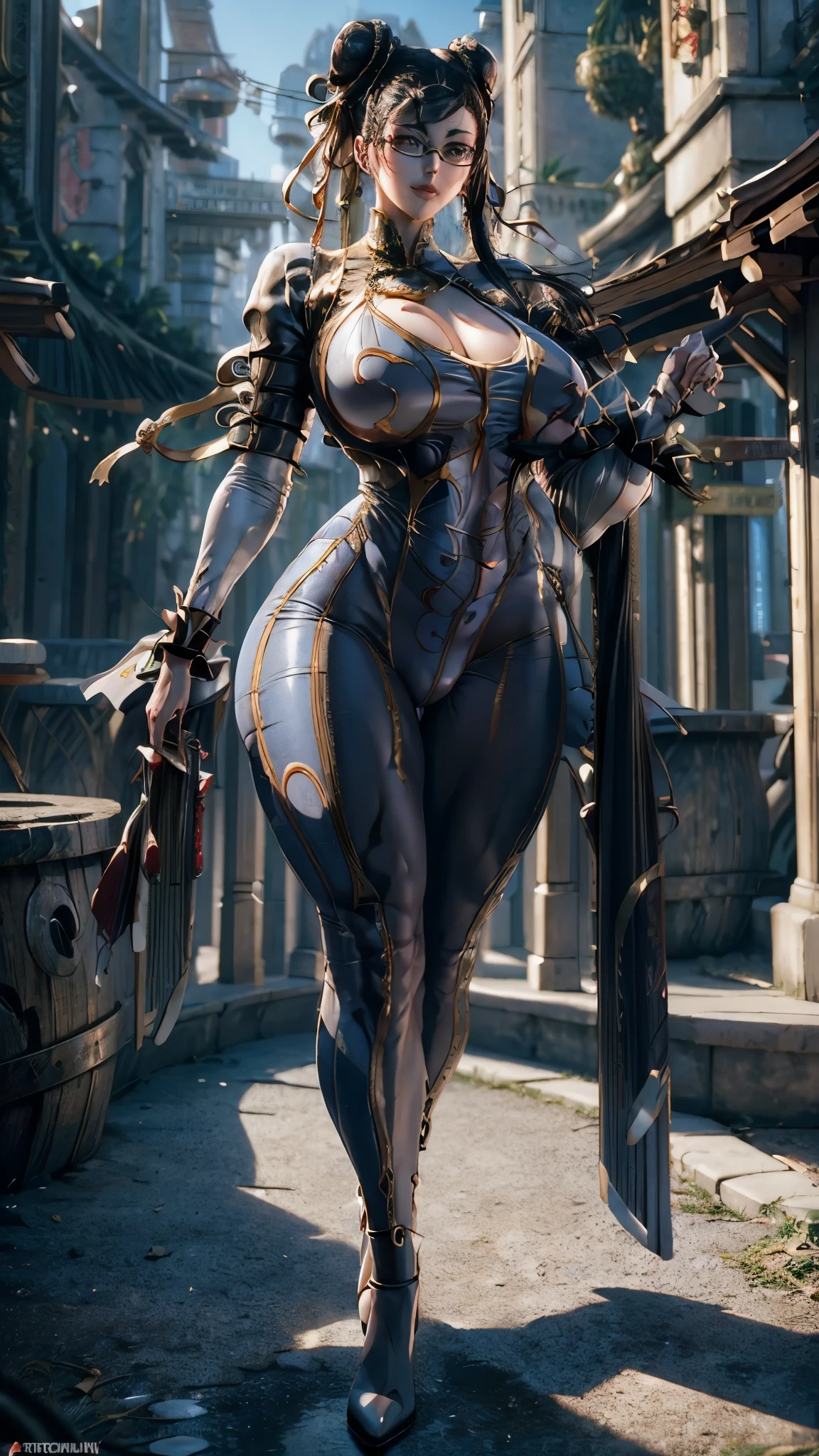 (masterpiece), (best quality), 8k resolution, ultra-detailed, hyper-detailed, realistic, photograph, photorealism, (1girl), Bayonetta wearing Chun Li's costume, Chun Li costume, perfect body, smile, posing for photo, huge breasts, muscles, thick thighs, thick legs, wide hips, slim waist, hourglass figure, (full body)