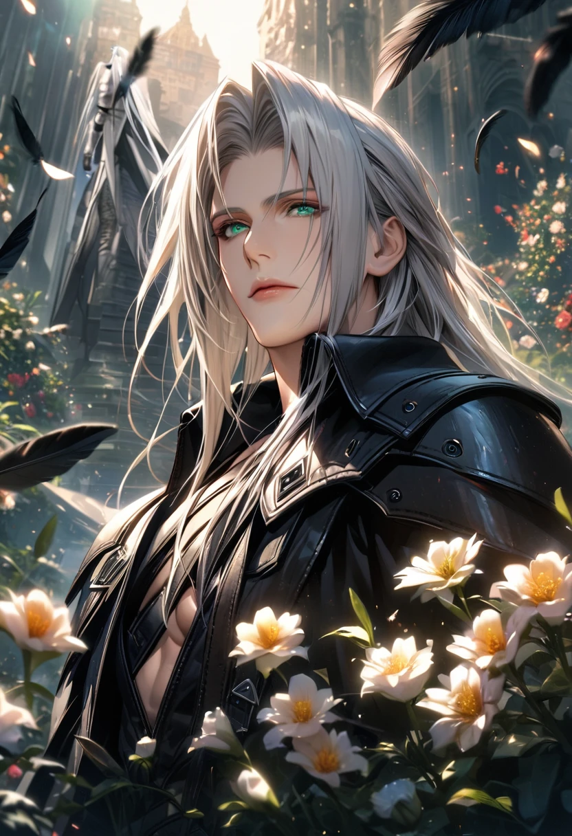Ultra detailed, Highres, absurdres, HDR, Sephiroth, green eyes, silver hair, Final Fantasy VII Remake, handsome, 1 man only, very detailed face and eyes, flowers and petals, black feathers,