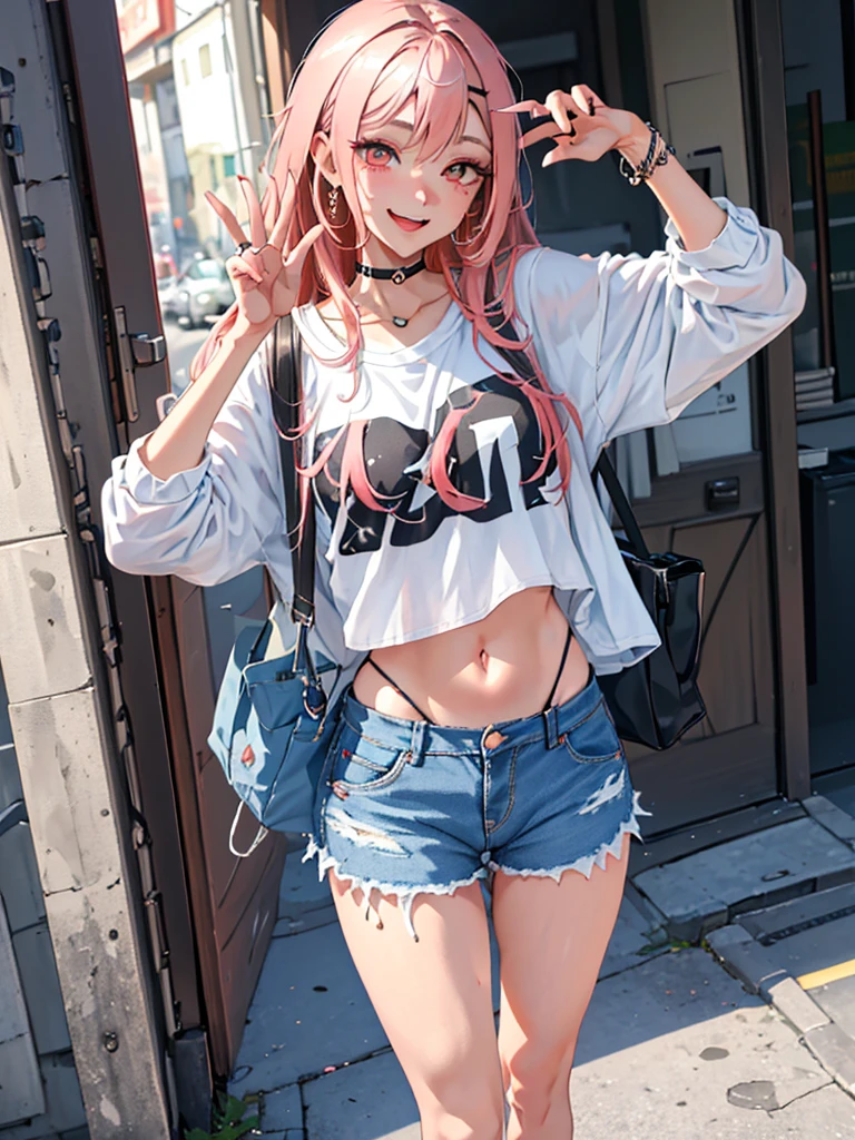 Melhor qualidade,ultra-detalhado,high resolution,CG extremamente detalhado,imagem de anime,papel de parede da unidade 8k,
cabelo loiro,olhos azuis,cabelo longo,shorts rasgados,camisa branca,bolsa,umbigo,olhando para o espectador,hair ornament,Sorriso,Entrada POV,jeans,x hair ornament,Ciberpunk,