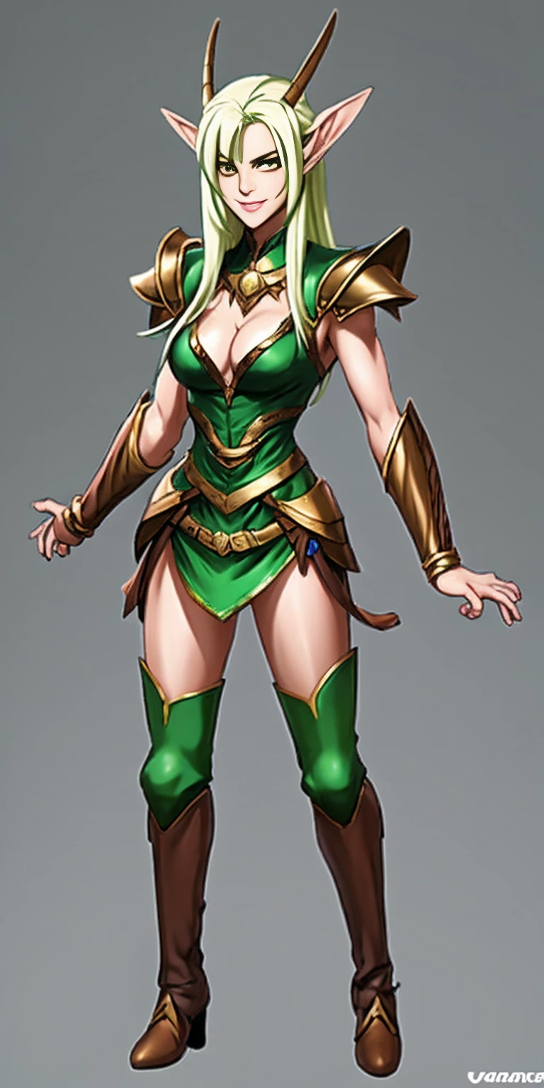 hands on sides, (masterpiece), ultra-detailed, 1girl, detailed eyes, medium breasts, gray background, (full body), green eyes, gray background, full plate armor, confident smile, staring at the viewer, blond hair in a ponytail, standing, elf, elf ears