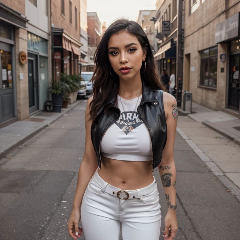 Full body photography, Instagram influencer, Latina female, 27 years old, athletic body, large breasts, tan skin, black hair, punk rock style hair, hazel eye color. Wearing a tattered and torn white t-shirt, black leather vest, ((black leather pants)) and boots. Bright red lipstick, grunge style makeup. Arm tattoos, nose piercing, multiple ear piercings. Mouth open, tongue fully extended, ((tongue pierced)). Background is dramatically lit alley way in the city at night. 
