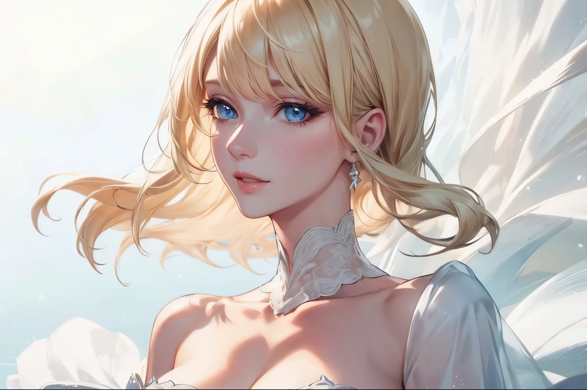 realistic, Elegant mature woman, blue eyes, blonde, big chest, high resolution cg 8k, beautiful cg, soft light