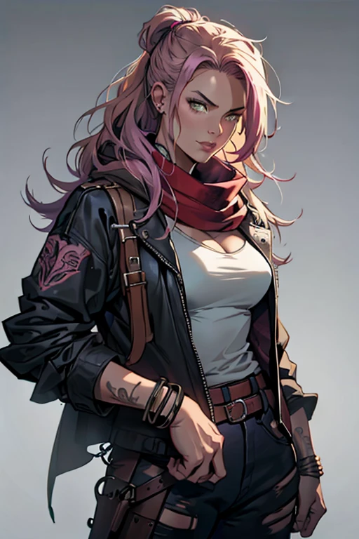 Mulher, 30 anos, estilo MadMax, tom de pele caramelo, fine features on the face, amber eyes, sardas no rosto, long lilac hair with fiery highlights, corpo esguio, tatuagens brilhantes na pele. Veste armadura de couro leve, has a bracer on the forearm with a blade. Around his neck is a red silk scarf..