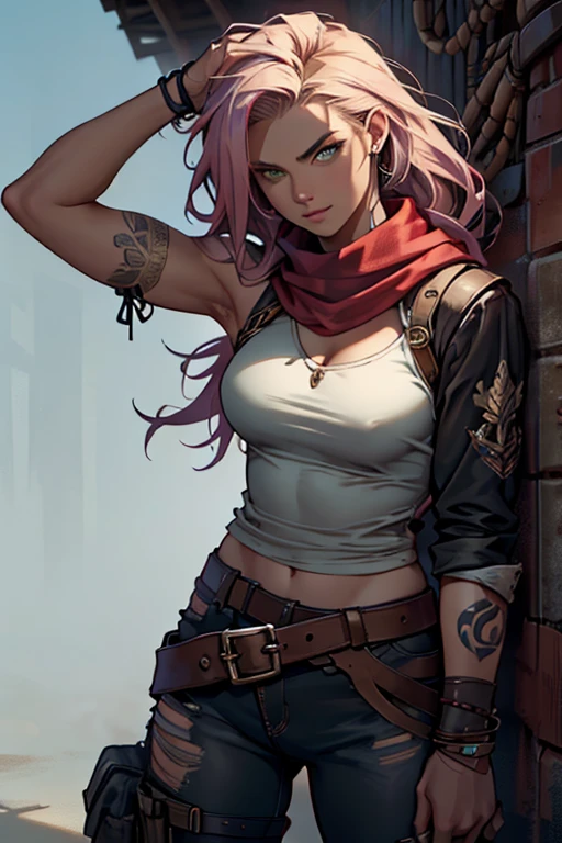 Mulher, 30 anos, estilo MadMax, tom de pele caramelo, fine features on the face, amber eyes, sardas no rosto, long lilac hair with fiery highlights, corpo esguio, tatuagens brilhantes na pele. Veste armadura de couro leve, has a bracer on the forearm with a blade. Around his neck is a red silk scarf..