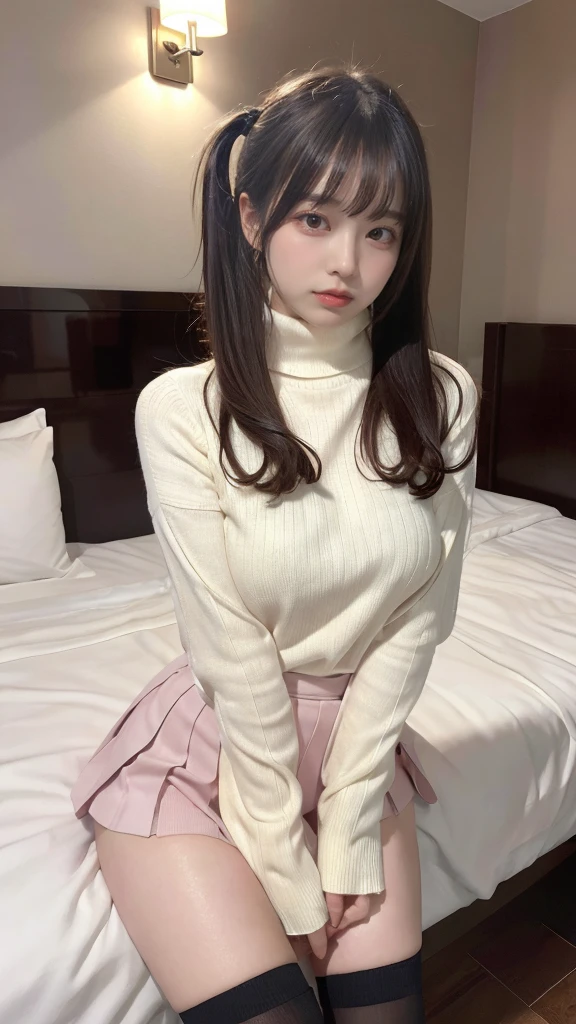 muste piece, best quality, illustration, Super detailed, fine details, High resolution, 8K,wall paper, perfect dynamic composition,(Details High quality, realistic depiction of eyes:1.3), Tight turtleneck pink sweater, pleated skirt, knee high socks, twintail, black hair color, Big Natural Color Lip, bold sexy pose, (perfect body shape), crying a little、cold gaze, Harajuku style、20 year old girl、cute type、ta、beautiful legs, hotel room, hposing Gravure Idol, Voluptuous thighs