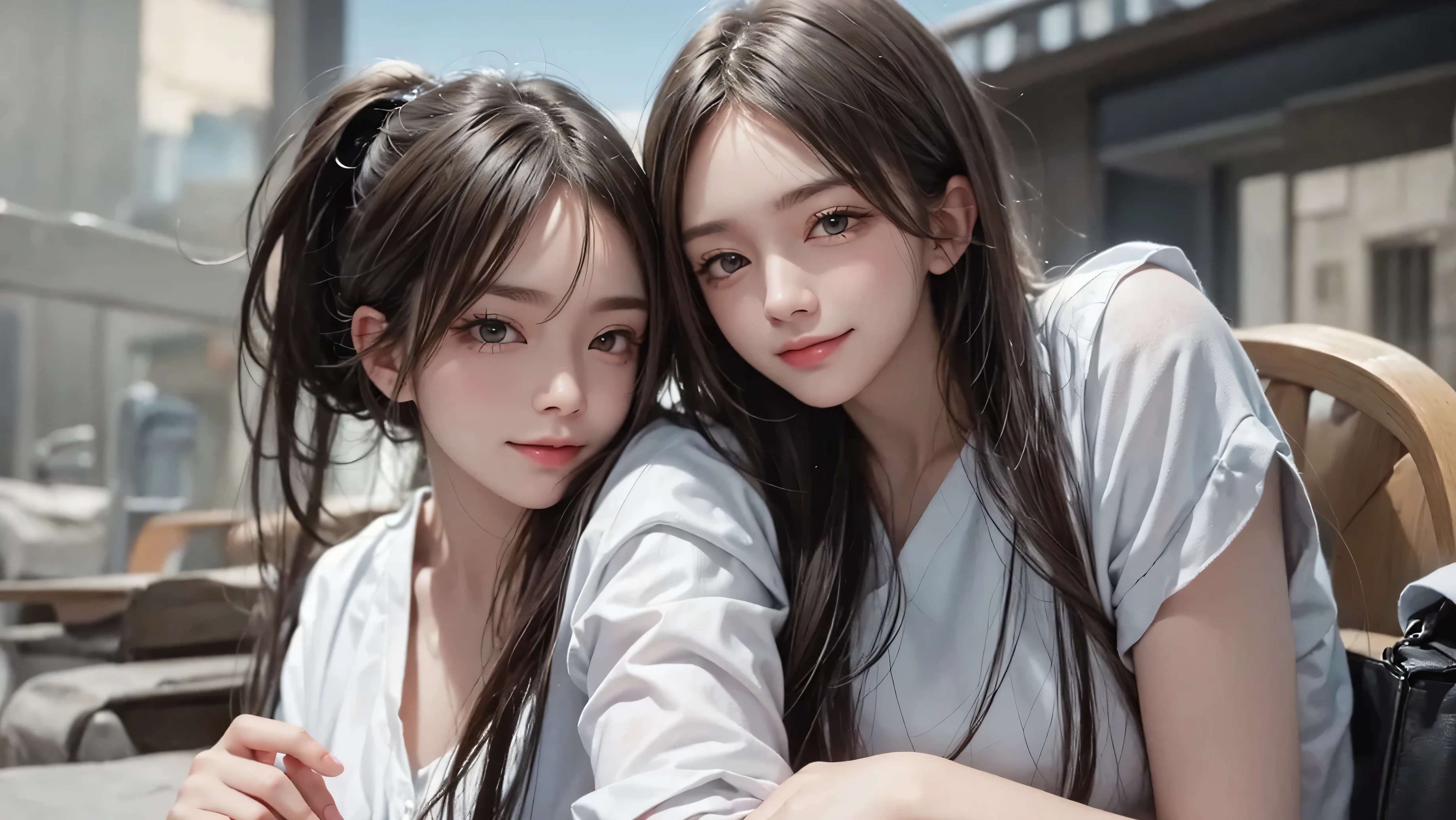 Please keep looking at me、Bright screen、light brown medium bob hair、8K、outdoor、blue sky、Upper body、Photographed alone、40 years old、full color、smile、