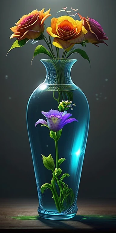 highest quality, realistic, photorealistic,  super detailed, "Gorgeous flowers々+goblin+Glass vase" ,ultra wide angle,accent lighting,volume lighting,Backlight, (detailed light),((very delicate and beautiful)),dramatic_Shadow,light_trace,HDR、