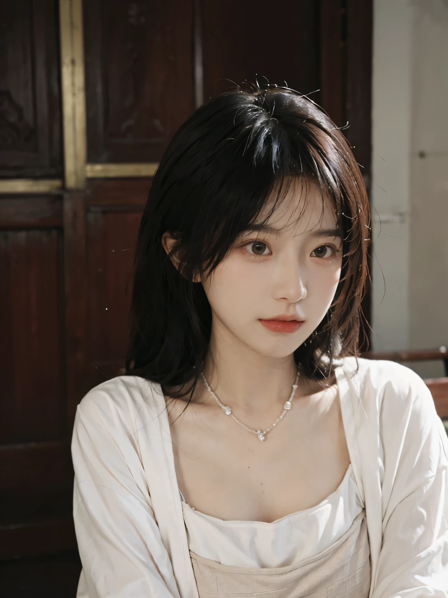 best quality, ultra high resolution, (realistically:1.4),cute hairpin,Baoyu Girl,Standing in the wedding hall,(flat chest:1.2) ,A pair of clear and charming peach blossom eyes,Royal sister,The sun shines on the face,Big wavy hairstyle,(necklace:1.2),(White skin:1.4),a sense of atmosphere,a beautiful girl,Looking directly at the viewer, Close-up cleavage ,(lifelike:1.4),1 girl,Sexy,(Upper body:1.4),(wet),(:1.2)