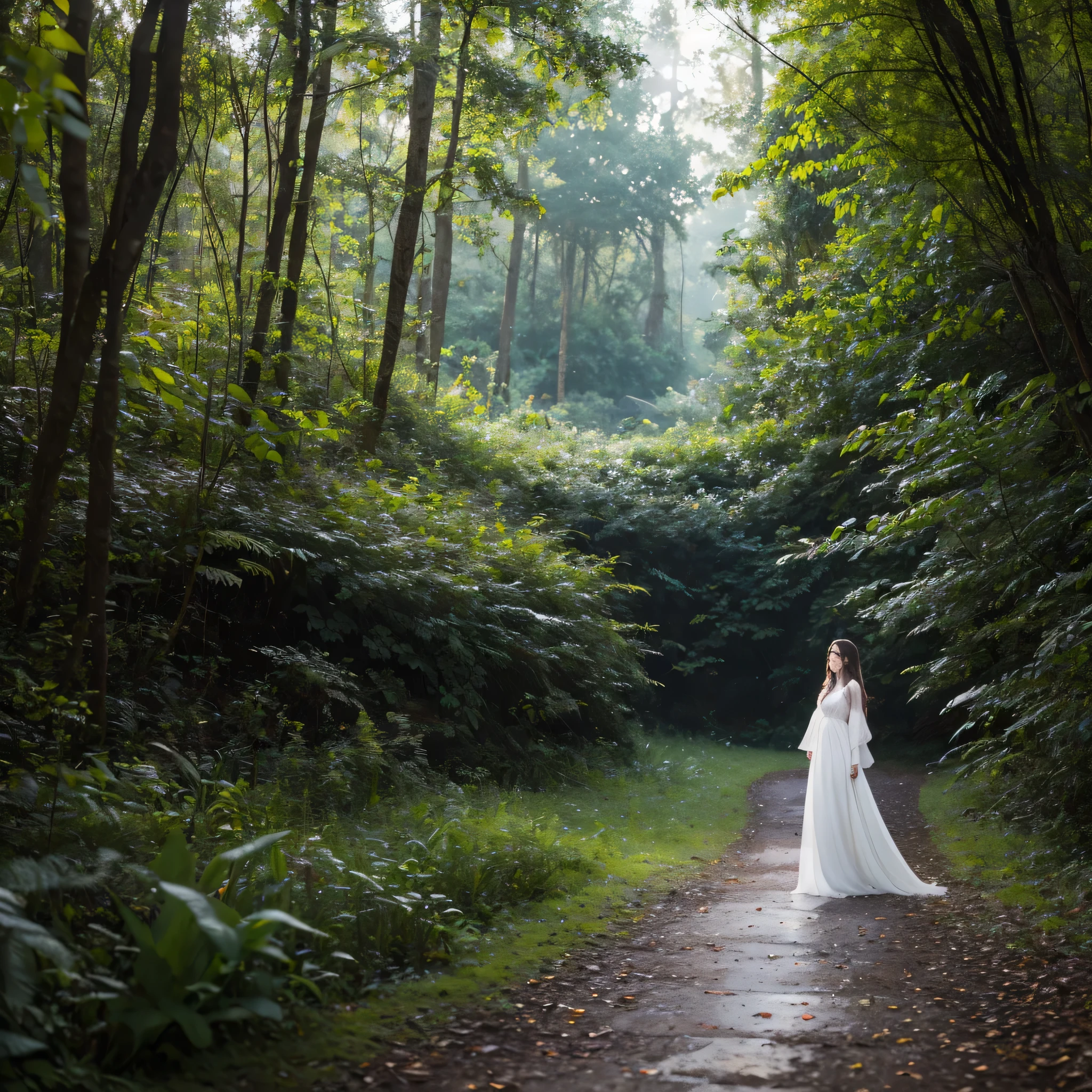 A beautiful woman in a white dress and long hair walks on a path in the forest in the early morning with light rain 