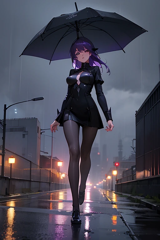 (1 girl), masterpiece, photorealistic, 8K, (realistic: 1.2), full body, looking at the viewer, pantyhose, purple hair, (kafka: 1.2), walk, beauty, (medium breasts: 1.2) night, night sky, city, cityscape, rain, (dramatic: 1.2)