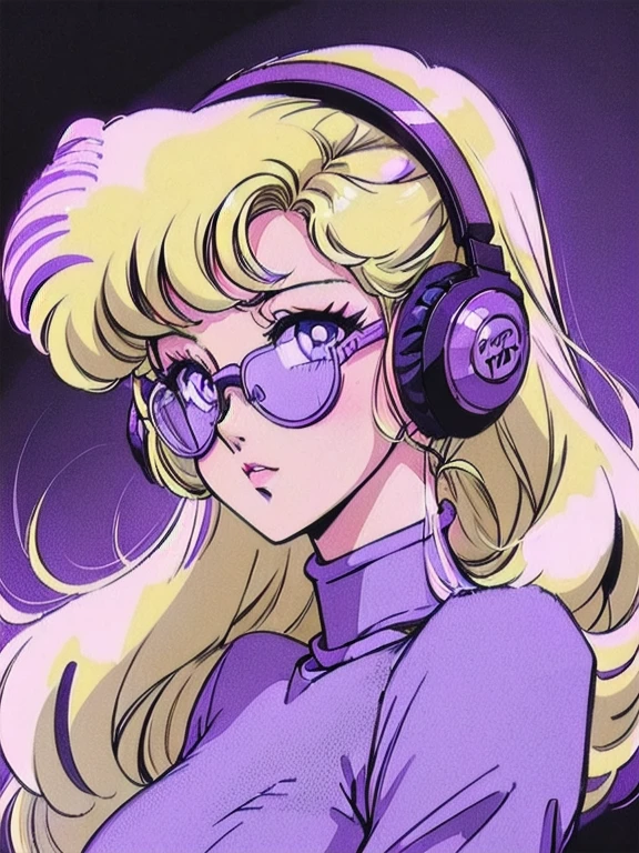 (Blonde Barbie:1.2),(vintage 90's:1.1),(romance anime style:1.3), white glasses, headphones, dark cyberpunk, dystopia, dark color scheme with a black and purple background, curly hair, lilac turtleneck