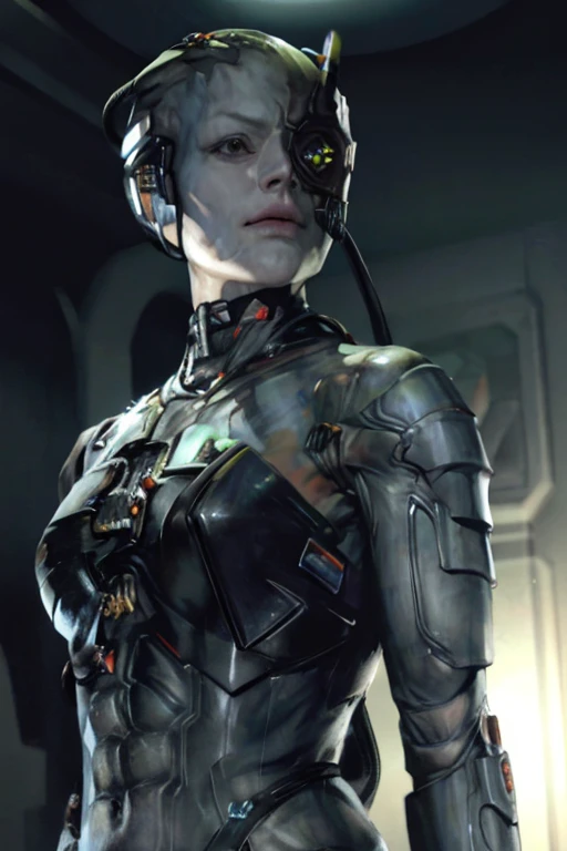 (bald gray skin:1.1,cyborg:1.2)metal armor,veins,borg,eyepatch,cable,luma,rosalina,detailed face,detailed eyes,detailed lips,metal texture,sci-fi,glowing lights,dark background,highres